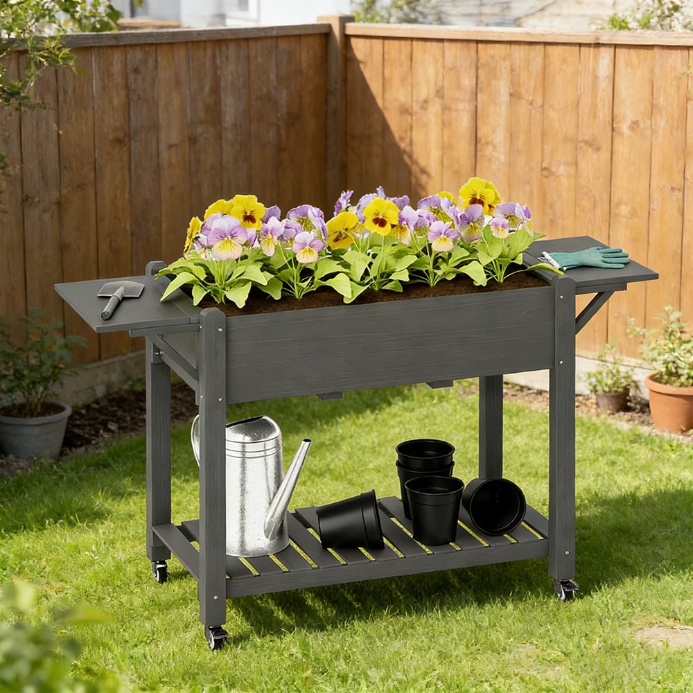 Raised Garden Bed With Wheels And Side Tables Grey Planter Box_voghion.com
